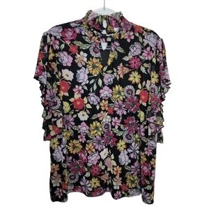 So It Is Womens 2X Floral Mesh Blouse Smocked Mock Neck Ruffle Sleeve Black Pink